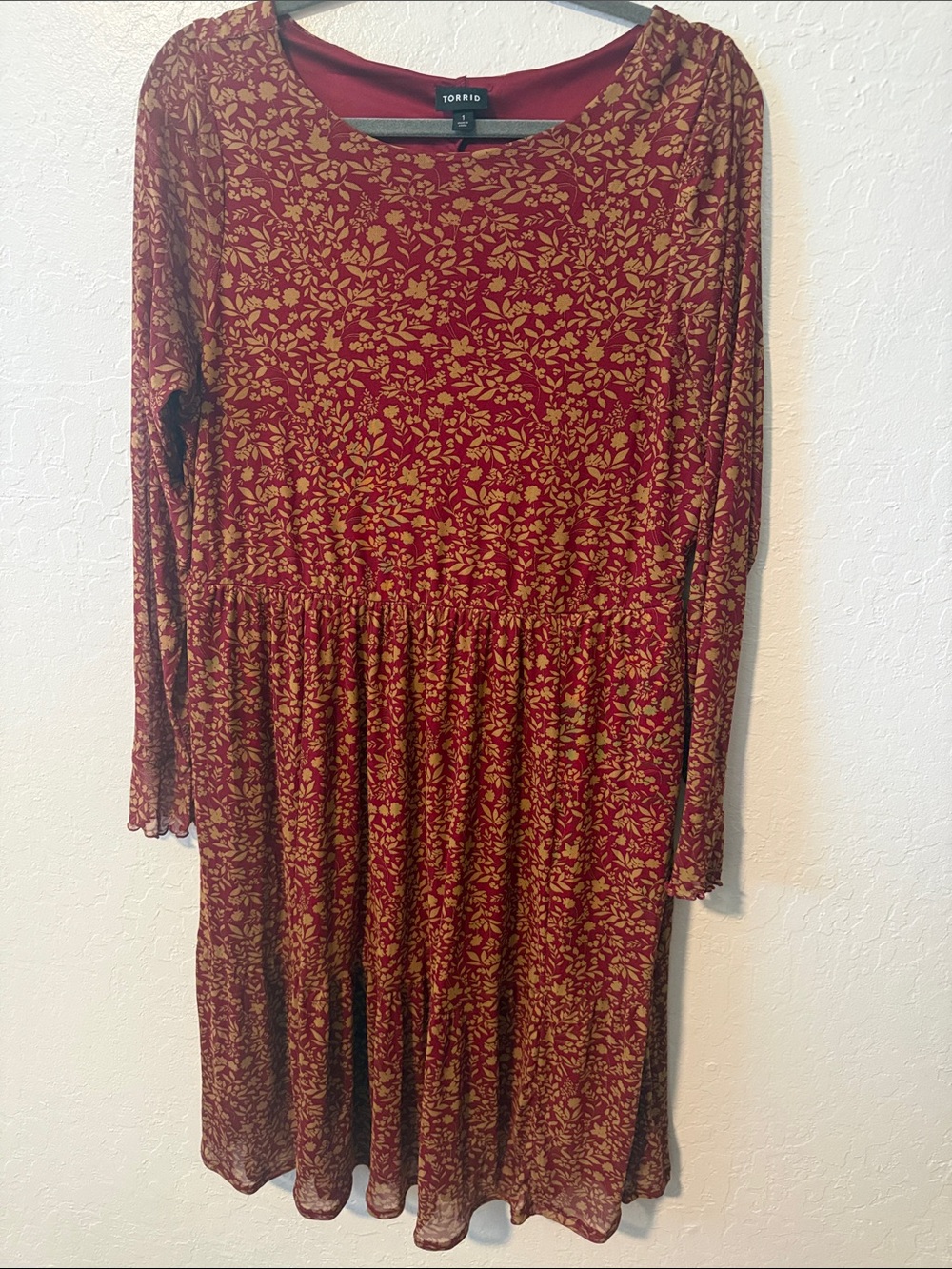 torrid wine red long sleeve dress with gold leaf print